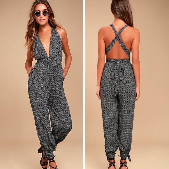 Lulus Pants - Lulu's Take a Trip Black Print Boho Halter Jumpsuit S NWOT
